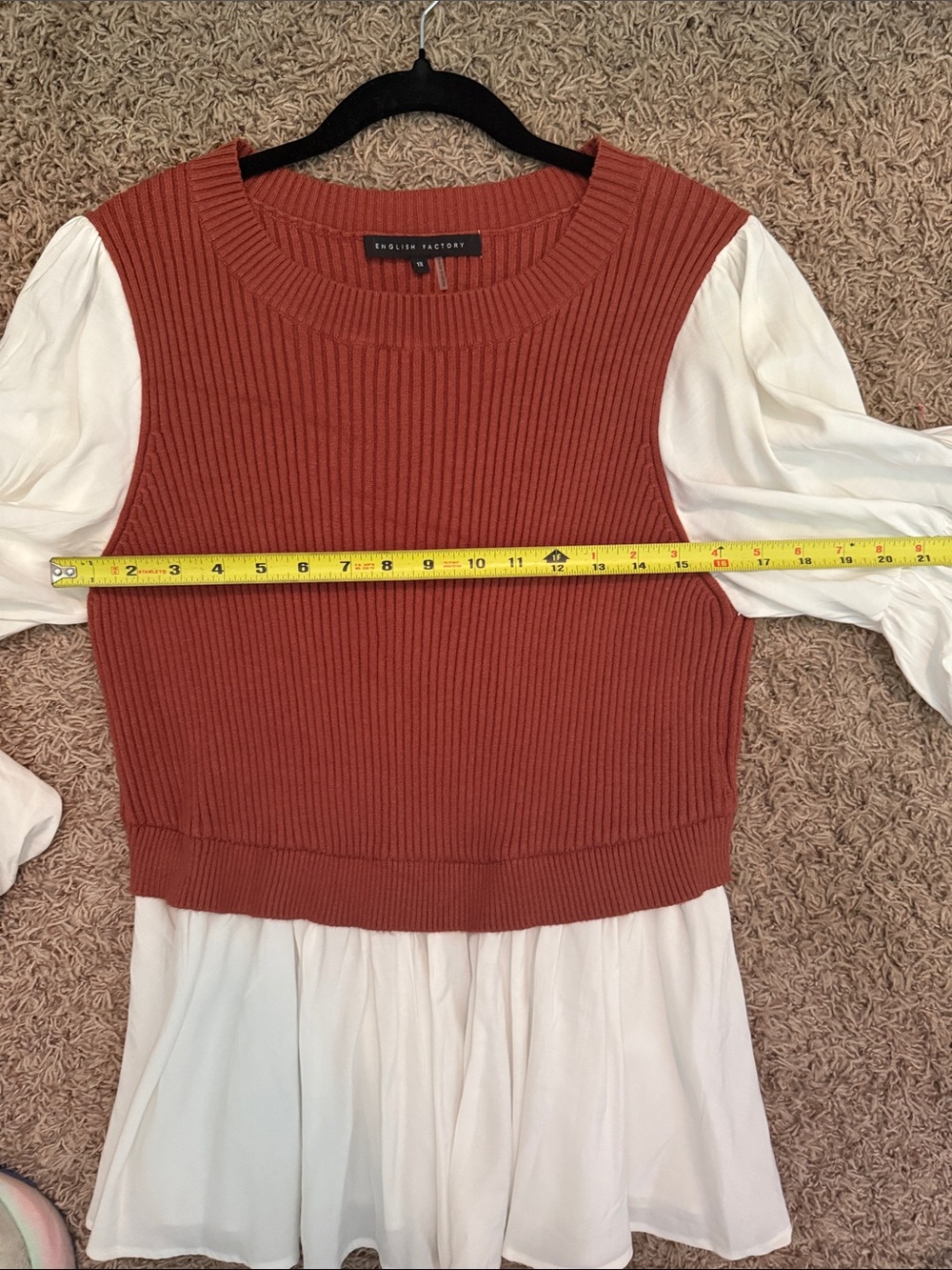 English Factory Rust Ribbed Sweater Top with White Ruffled Sleeves - Picture 10 of 15